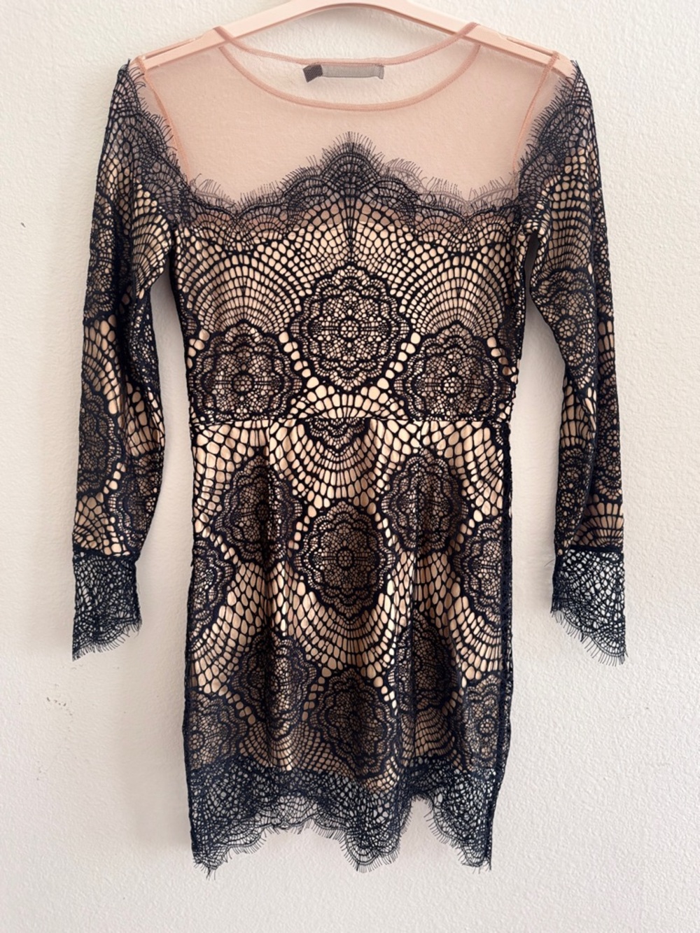 For Love And Lemons Long Sleeve Lace Dress in Navy and Nude, Size Small